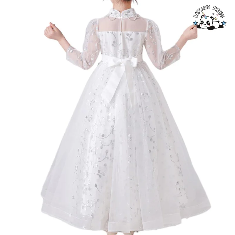 LEZONKIDS - Elegant White Floral Mesh Three quarter Sleeves Girls Evening Dress Flower Girl Dress